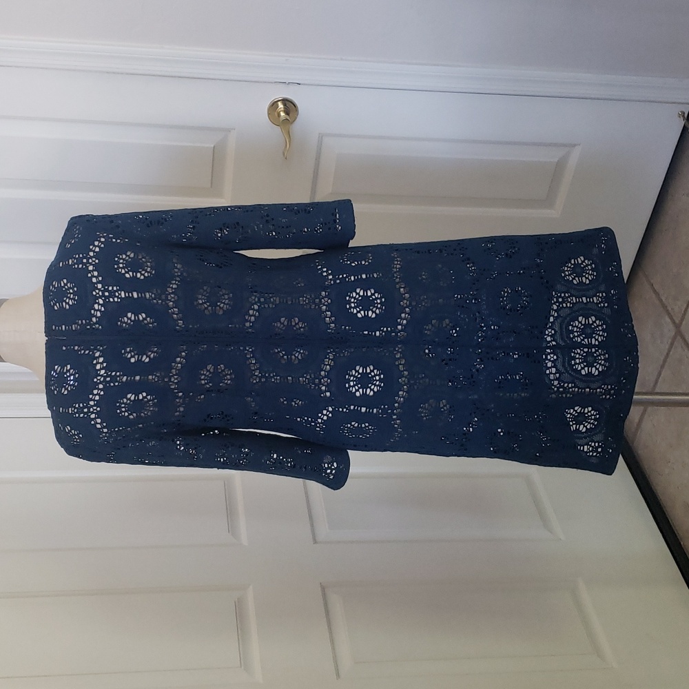 Chico's Camille Crochet Lace Shift Dress Teal Blue Size 1 S Bell Sleeve - Picture 5 of 14